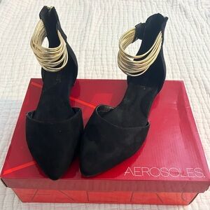 Aerosoles Black Suede Flats with Gold Band Ankle Straps